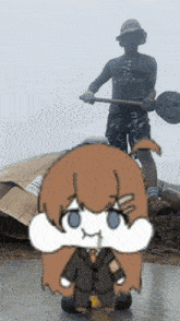 a cartoon drawing of a girl in a suit standing in front of a man holding a shovel