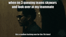 a man and a woman are standing next to each other with a caption that says when im 3 queuing teams skywars