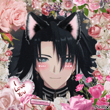 a picture of a boy with cat ears surrounded by pink flowers with a heart that says i love you