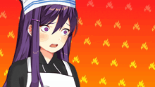 a girl with purple hair is wearing an apron and a chef 's hat .