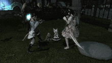 a group of people are standing in a grassy area