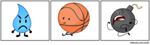 a water drop a basketball and a bomb with faces are shown