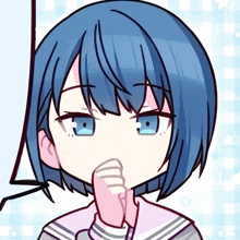 a girl with blue hair and blue eyes holds her finger to her lips