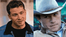 a man in a blue jacket and a man in a cowboy hat