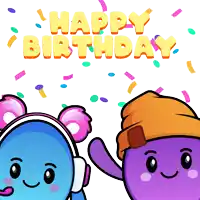 a happy birthday card with a blue and purple character
