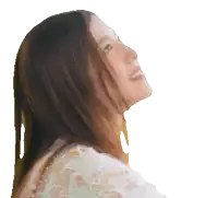 a pixelated image of a woman looking up at something