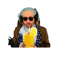 a man wearing sunglasses and a scarf is drinking a drink with a straw