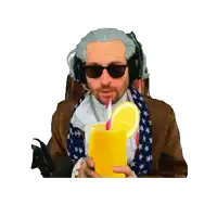 a man wearing sunglasses and a scarf is drinking a drink with a straw