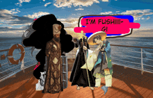 a couple of people standing on a deck with a speech bubble that says i 'm fushiiii gi