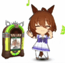 a cartoon girl is standing next to a jukebox and dancing .