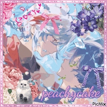 a picture of a couple kissing with the words peachycake on the bottom right