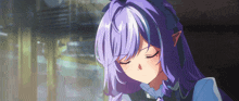 a girl with purple hair has her eyes closed and a bow on her head