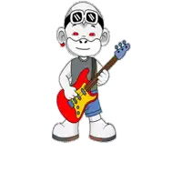 a cartoon character is holding a red guitar and wearing sunglasses