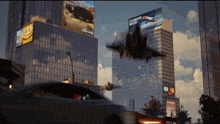 a jet is flying over a city with a billboard that says ferrari on it