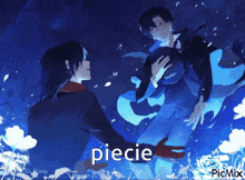 a picture of a man holding another man 's hand with the word piecie above them