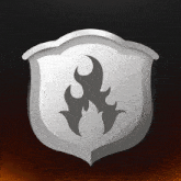 a shield with a flame on it on a black background