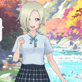 a girl in a plaid skirt stands in front of a river with trees in the background