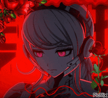 a picture of a girl with headphones and a red background with the letters picmix on it