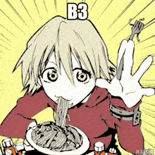 a girl is eating noodles with a fork and the word b3 is above her