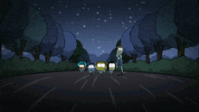 a group of cartoon characters are standing on a track with trees in the background