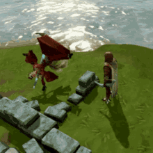 a video game scene with a dragon and a knight standing in the grass