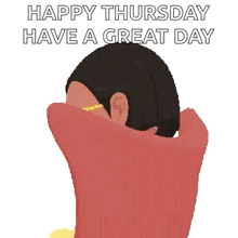 a woman wearing glasses is sitting in a chair and says happy thursday have a great day