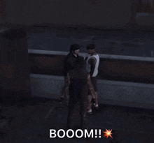 a group of people are standing in a dark room with the words boom written on the bottom