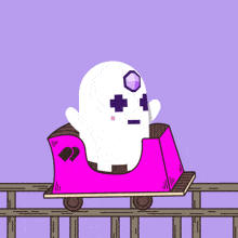 a cartoon of a ghost on a roller coaster with a purple background