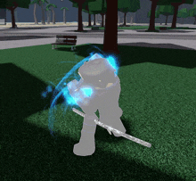 a person in a video game is holding a sword in a park
