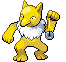 a pixel art drawing of a yellow pokemon with a white collar standing on its hind legs .