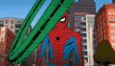 a cartoon drawing of spider-man holding a green web