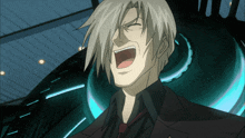a man with gray hair is screaming in front of a blue background