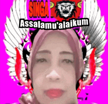 a woman wearing a pink hijab and a lion 's head with wings on a pink background