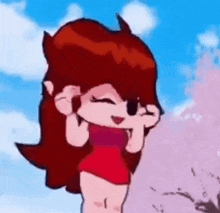 a cartoon girl in a red dress is standing in front of a tree with cherry blossoms .
