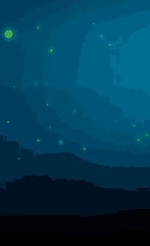 a dark blue background with a few green lights
