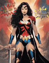 a woman in a wonder woman costume holds a sword in front of a comic book explosion