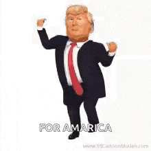 a cartoon of donald trump in a suit and tie is dancing for america .