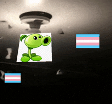 a picture of a green cartoon character with a transgender flag behind it