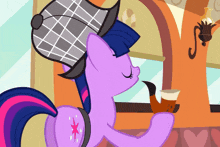 a purple pony wearing a hat and holding a pipe