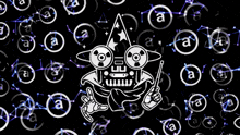 a black and white drawing of a wizard surrounded by circles with the letter a on them