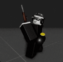 a roblox character is holding a gun and wearing sunglasses and a hat .