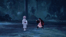 a girl in a kimono is standing in a field with a blue light behind her