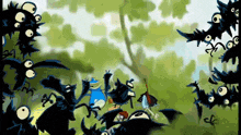 a cartoon drawing of a group of birds with large eyes
