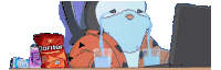 a cartoon character is crying while sitting in front of a laptop next to a bag of doritos