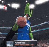 a basketball player wearing a perfect cell costume is holding a basketball