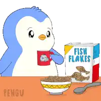 a cartoon of a penguin drinking from a cup next to a box of fish flakes
