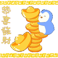 a penguin is sitting on a stack of gold coins