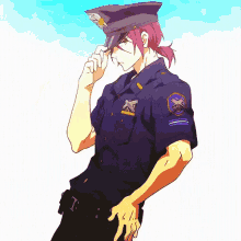 a man in a police uniform has a skull and crossbones patch on his arm