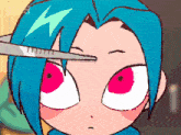 a cartoon character with blue hair and red eyes is being shaved