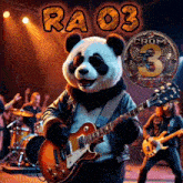 a panda bear is playing a guitar in front of a band and the number 3 is visible